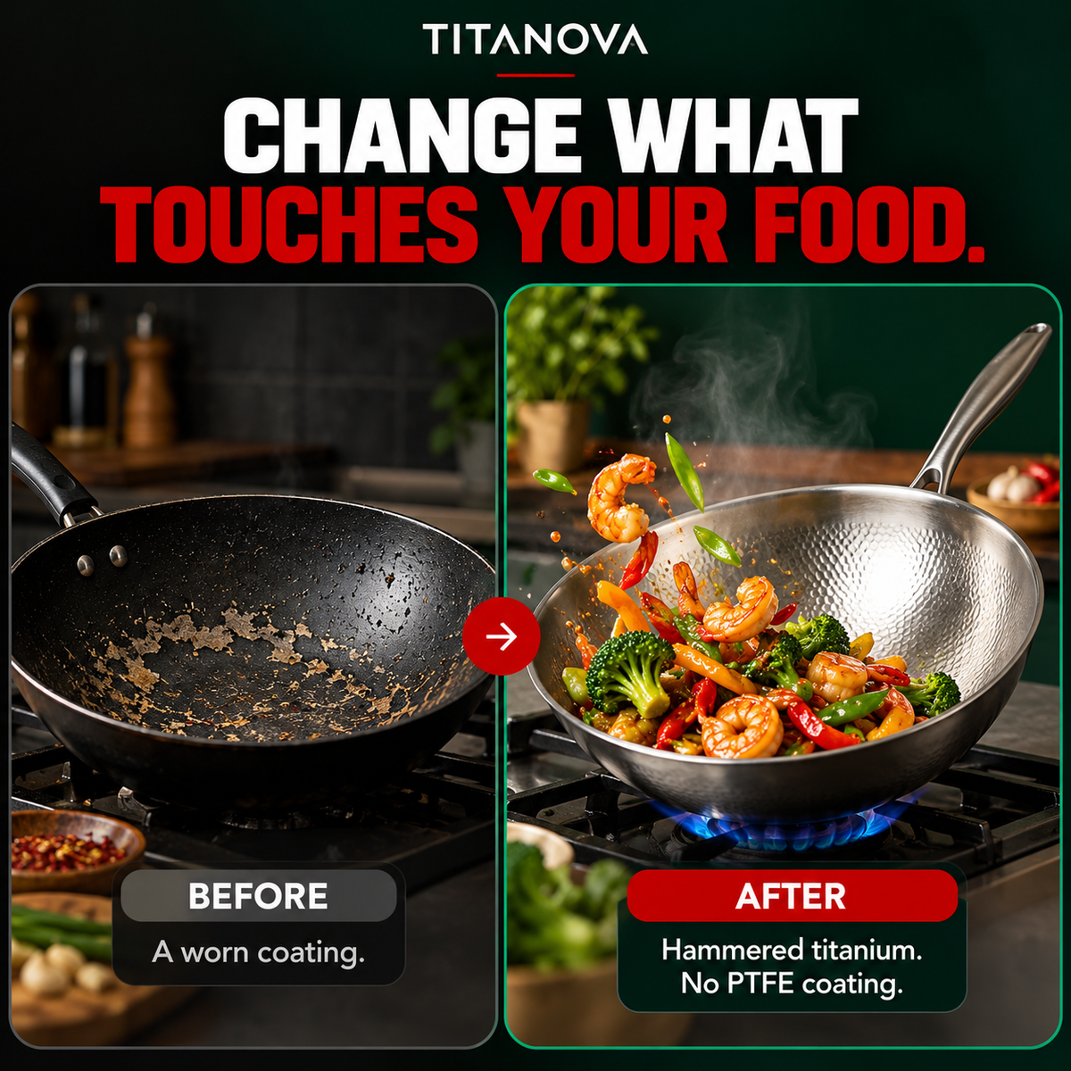 Hand-Hammered Titanium Wok 12" - TITANOVA®