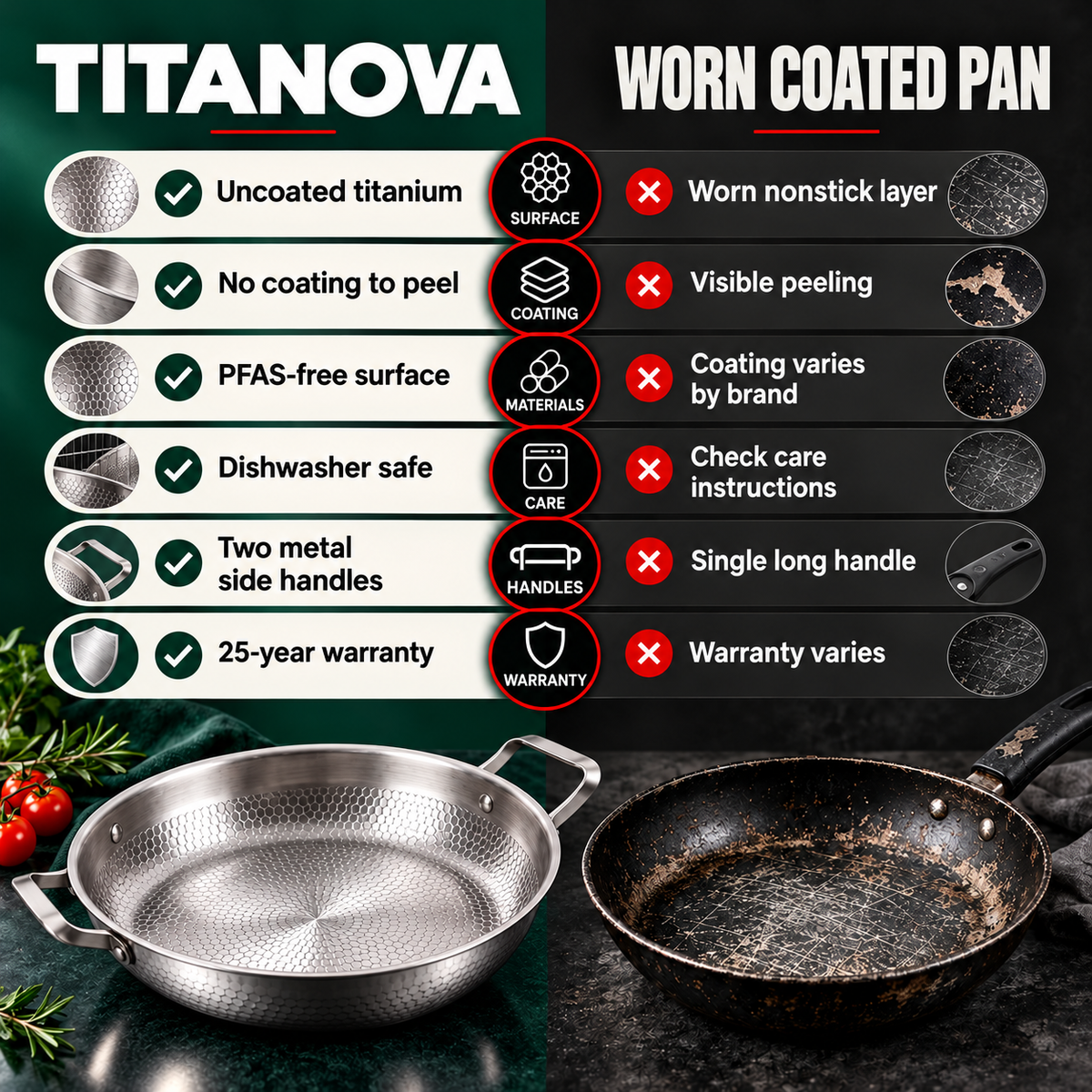 Hand-Hammered Titanium Pan with Two Handles 12" - TITANOVA®
