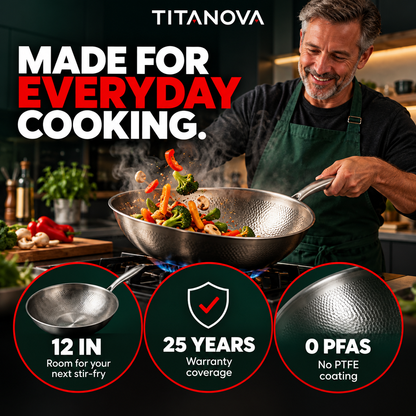 Hand-Hammered Titanium Wok 12" - TITANOVA®